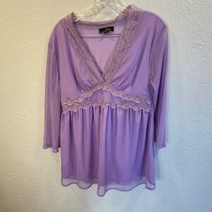 Suzanne Betro Purple Mesh Lace Trim Babydoll Top 3/4 Sleeve XL